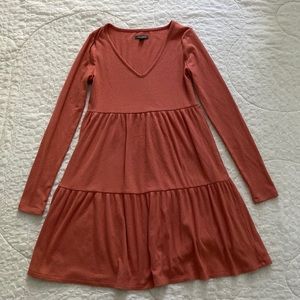 Wild Fable Orange V-Neck Tiered Long Sleeve Babydoll Dress